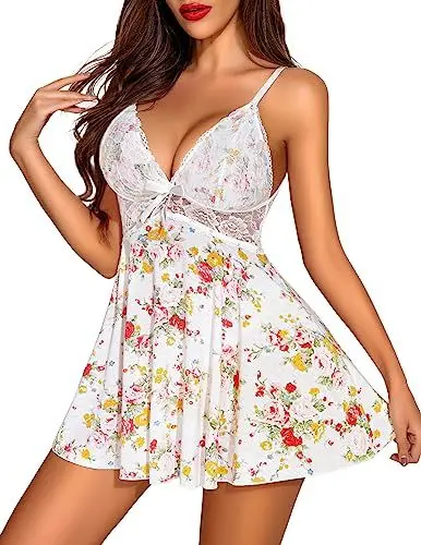 Produktbild: ADOME Negligee Damen Babydoll Sexy Unterwäsche für Frau Nachtwäsche Sleepwear V-Ausschnitt Spitze Nachtkleid Dessous mit Spitzendetail Nachthemd Blumen M