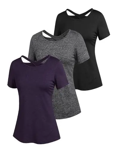 Produktbild: ADOME Sportbekleidung für Damen Funktionsshirt Damen Laufshirt Shortsleeve Yoga Top Rückenfreies Oberteil Rundhalsausschnitt Oberteile 3er Pack Pat1 M