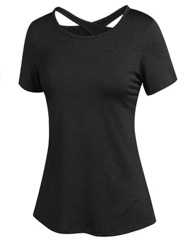 Produktbild: ADOME Sport Oberteile Damen Funktionsshirt Damen Kurzarm Laufshirt Rundhals Schnell Trocken Yoga Fitness Shirts Oberteile Backless Top Schwarz M
