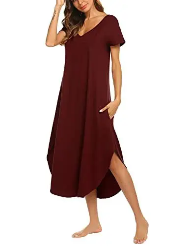 Produktbild: ADOME Strandkleid Damen Nachthemd Kurzarm T-Shirt Sommer Nachtkleid Lang V-Ausschnitt Freizeitkleid Große Größen mit Taschen，Weinrot，S