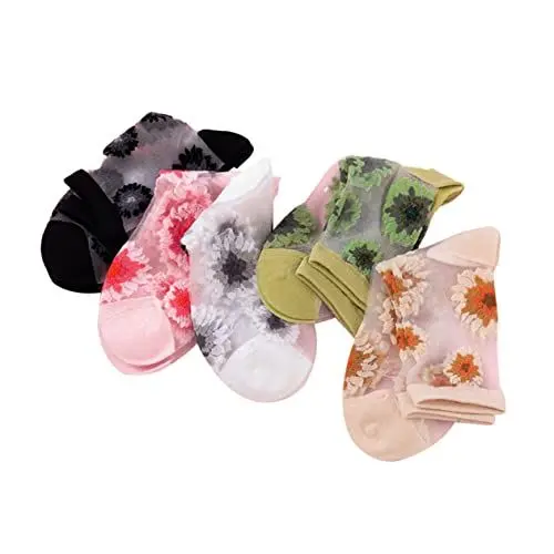 Produktbild: Adorainbow 5 Paar Transparente Socken Transparente Spitze Netzstoff Nylon Damen Sommersocken Mädchen Transparente Socken Blumen Transparente Socken Transparente Netzsocken Netz