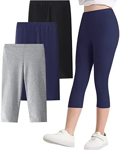 Produktbild: Adorel Mädchen Leggings Capri Sommer Kurz Hosen Caprihosen Shorts 3er-Pack Schwarz & Dunkelblau & Hellgrau 128 (Herstellergröße 130)