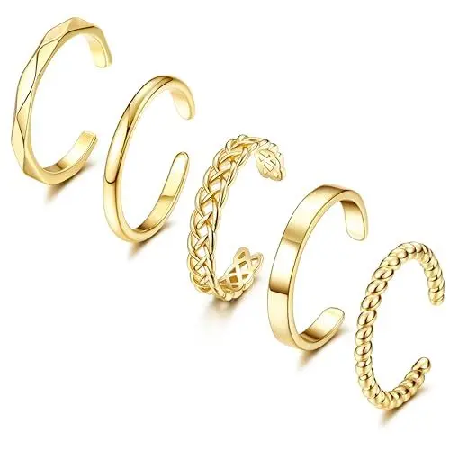 Produktbild: Adramata 5 Stück Ringe Frauen 14 Karat Vergoldete Ringe Set Knöchel Ringe für Damen Stapelbare Silber/Gold Ringe Einfache Plain Band Ring Verstellbare Ringe Set,G