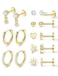 Produktbild: Adramata 8 Paar Ohrringe Gold Damen Ohrstecker Set Chirurgenstahl Huggie Hoop Ohrringe Creolen Silber, Hypoallergene Ohrringe Knorpel Stecker Gold Silber Conch Helix Tragus Piercing Ohr Schmuck,GC