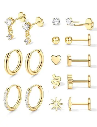 Produktbild: Adramata 8 Paar Ohrringe Gold Damen Ohrstecker Set Chirurgenstahl Huggie Hoop Ohrringe Creolen Silber, Hypoallergene Ohrringe Knorpel Stecker Gold Silber Conch Helix Tragus Piercing Ohr Schmuck,GC