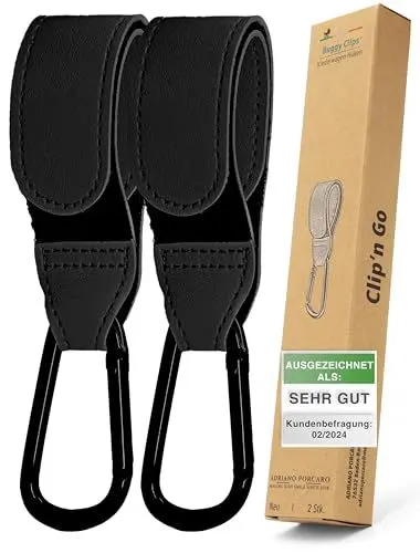 Produktbild: ADRIANO PORCARO® I Kinderwagen Haken für Taschen (2er-Pack) I Haken Kinderwagen I Perfekt für Wickelstasche und Laufrad Halterung Kinderwagen I Belastbar bis 40kg - Karabiner Kinderwagen (Schwarz)