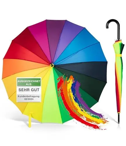 Produktbild: ADRIANO PORCARO® 𝗨𝗡𝗜𝗦𝗘𝗫 Automatik Stock-Regenschirm Regenbogen 120cm Ø windfest-16 fache Verstrebung-groß sturmfest & stabil windresistent (Rainbow)