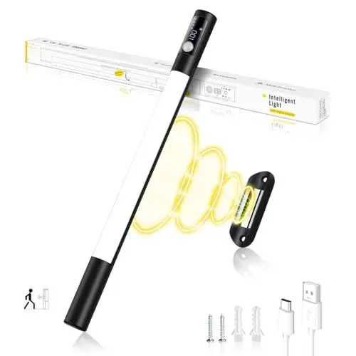 Produktbild: AdrreyuFny Schranklicht mit Bewegungsmelder, Unterbauleuchte Küche LED Schrankbeleuchtung Kabellos Schrankleuchten USB Aufladbar Schranklampe Batterie LED Leiste mit Anzeige (Schwarz)