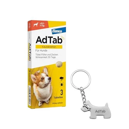 Produktbild: AdTab Promo-Set: Hunde Zecken- und Flohschutz (über 5,5 bis 11 kg) mit Wurfball, Kautablette tötet Zecken und Flöhe schnell ab und schützt einen Monat lang, 3 Kautabletten