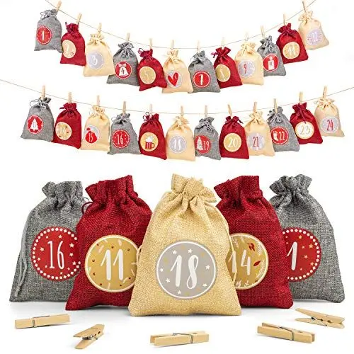 Produktbild: Adventi® Adventskalender zum Befüllen (24 Stück) Weihnachtskalender 2024 Jutesäckchen 15 x 12cm Groß, Weihnachtsdeko Tüten/Säckchen, Geschenktüten Weihnachten mit individuellen Designs (Rot)