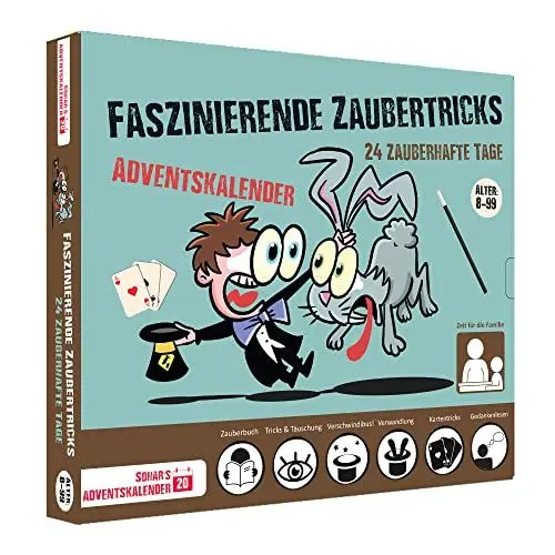 Produktbild: Adventskalender 2024 Faszinierende Zaubertricks 24 verblüffende und leicht zu erlernende Zaubertricks. Im Kalender ist eine bebilderte Anleitung und eine Videoanleitung enthalten. 8 Jahren – Deutsche