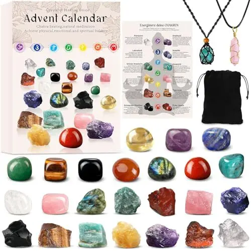 Produktbild: Adventskalender 2025 Kristalle, Weihnachts Countdown mit 24 Chakra-Kristallen und Identifikationsblatt, Perfekt zum Lernen, Sammeln und Dekorieren. Geschenkidee für Frauen und Kinder