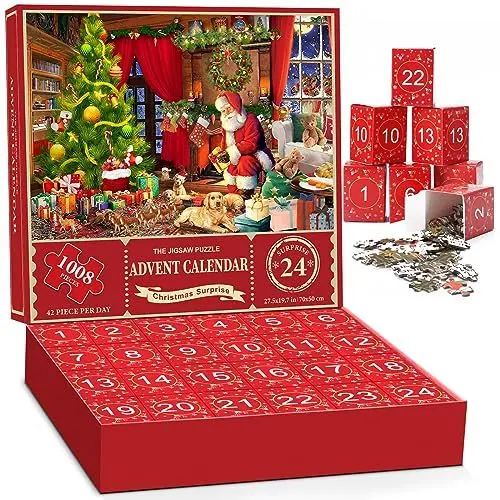 Produktbild: Adventskalender 2024 Weihnachts Jigsaw Puzzle, 70x50cm, 24 Boxen -1008 Teile Puzzles für Erwachsene und Kinder, Countdown bis Weihnachten, Der Weihnachtsmann bereitet Geschenke vor Hausdekoration