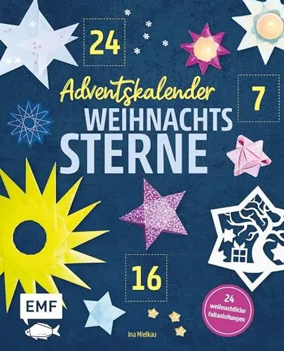 Produktbild: Adventskalender Weihnachtssterne: 24 weihnachtliche Faltanleitungen für Fröbelsterne, Origami und Sterne aus Butterbrotpapiertüten – Mit perforierten Seiten