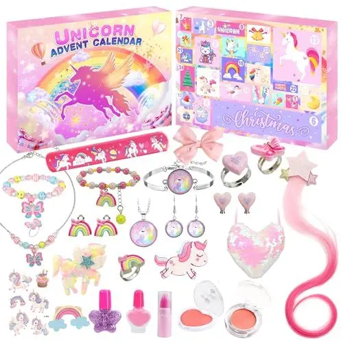 Produktbild: Adventskalender kosmetik Kinder Mädchen 2024 Weihnachtskalender 24 Mode Schmuck schminke Beautykalender wie Einhornschmuck ohrringe haarschmuck ab 3-12 Jahre Mädchen