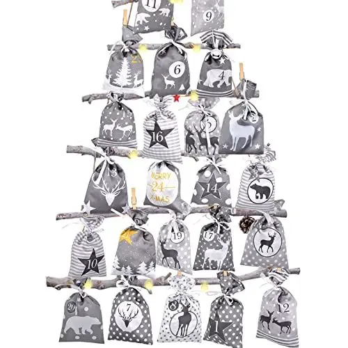 Produktbild: Adventskalender zum Befüllen Groß (12x21cm), 24 Stoffbeutel Kette zum selber Basteln und Aufhängen 2024 Weihnachtskalender zum selberfüllen mit Grau Stoff Säckchen für Kinder junge männer Mädchen