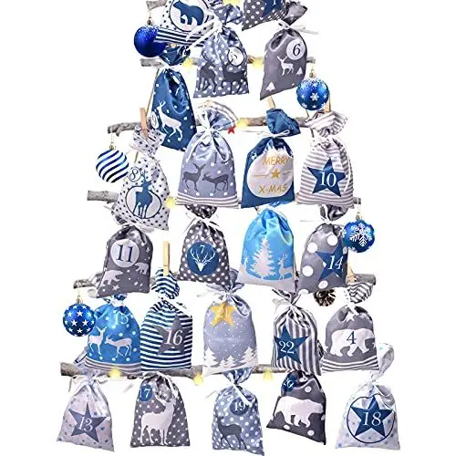 Produktbild: Adventskalender zum Befüllen Stoffbeutel, 24 stoffsäckchen Kette zum selber Basteln und Aufhängen, 2024 Weihnachtskalender zum selbst füllen mit Blau Grau Stoff Säckchen für Kinder junge männer
