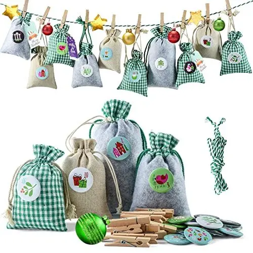 Produktbild: Adventskalender zum Befüllen Weihnachtskalender Stoffbeutel zum Selberfüllen, 24 Groß Stoffsäckchen Kette zum selber befüllbar und Aufhängen, Grün Grau Jutesäckchen für Kinder (Grün)