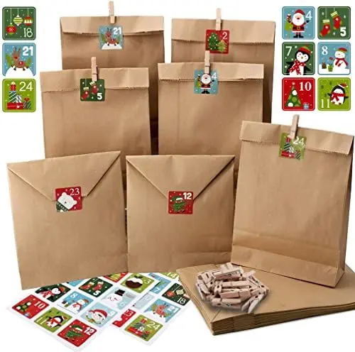 Produktbild: Adventskalender-Set zum selber Befüllen - 24 Papiertüten mit Zahlensticker 1-24 und Klammer - Kalender selber basteln mit Zahlensticker - Ideen für Kinder, Frauen und Männer zu Weihnachten