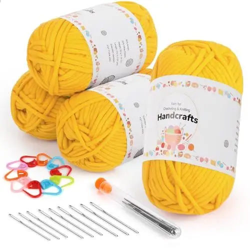 Produktbild: Aeelike 4X50g Dicke Häkelwolle Baumwolle zum Stricken, Easy Yarn für Anfänger, Kinder, Dickes Baumwoll-Nylon-Mischgarn, Kein Geteiltes Sperriges Textilgarn zum Häkeln für Körbe, Schals, Goldgelb