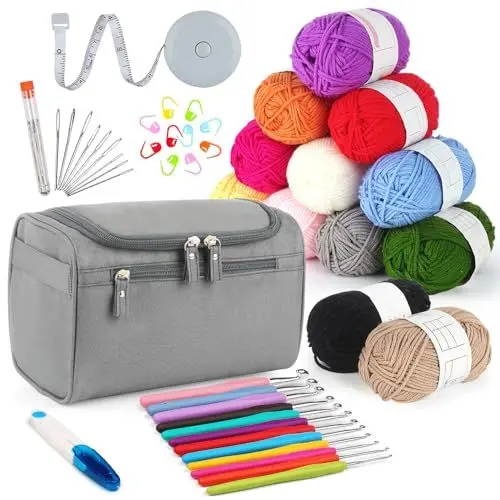 Produktbild: Aeelike Aufhängbar Häkelnadel Set mit Häkelgarn in 12 Farben, Nützliches Häkelset für Anfänger, Profis, 2,0-8,0 mm Ergonomische Weicher Griff Häkelnadeln Set, Häkel Set mit Grau Häkeltasche, Zubehör