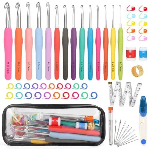 Produktbild: Aeelike Häkelnadel Ergonomisch Extra Lang 15,5cm, Bequemes Häkelnadeln Set für Arthritische Hände, 59 Stück Häkelset mit Häkelzubehör für Anfänger, Starter Häkel Crochet Hook Set mit Tragbaren Tasche