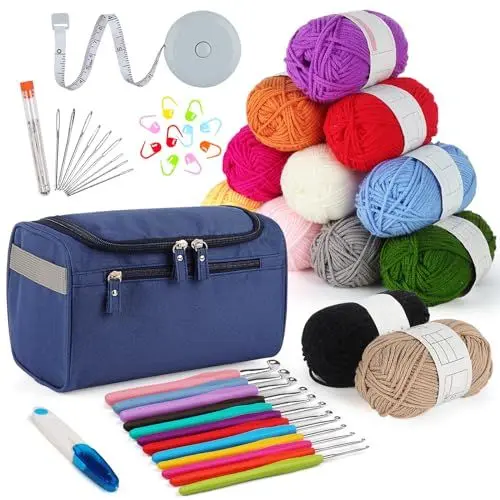 Produktbild: Aeelike Häkelnadel Set mit Häkelgarn in 12 Farben, Nützliches Starter Häkelset für Anfänger, Kinder, Erwachsene, 2,0-8,0 mm Ergonomische Weicher Griff Häkelnadeln Set, Marineblau Häkeltasche, Zubehör