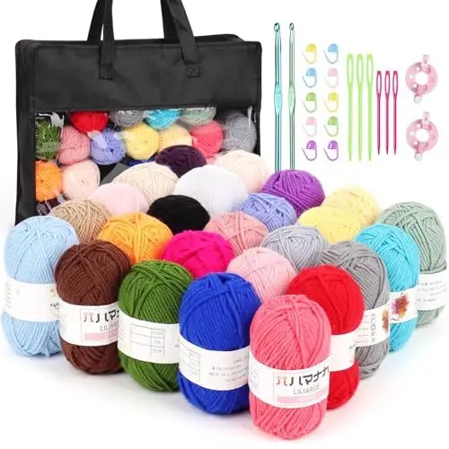 Produktbild: Aeeque 25 x 25g Häkelgarn Set, Häkel Wolle zum Häkeln/Stricken Socken, Mütze, Pullover, Decken, Häkeltiere, Acryl Wolle Set mit Zubehör, Häkelnadel 4,0mm-5,0 mm, 25 Farben Bunte Häkelgarn
