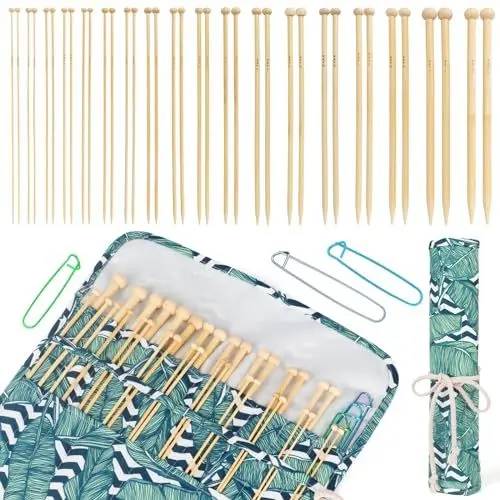 Produktbild: Aeeque 25cm Stricknadel, 18 PCS Stricknadeln Set Holz, Lang Stricknadeln mit Stricktasche, Gerade Bambus Knitting Needles für Arthritis Anfänger (2,0 mm - 10,0 mm)