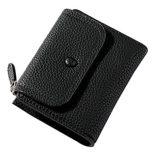 Produktbild: Aeeque Geldbeutel Damen Klein, Kleine Portemonnaie PU Lede,Brieftasche Schlanke Mini Geldbörse mit Reißverschluss und Druckknopf und vielen Fächern für Tochter/Mama/Freund - Schwarz