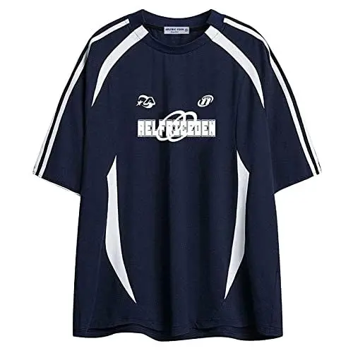 Produktbild: Aelfric Eden Herren Sommer Fußball Shirt Damen Oversized Rundhals Kurzarm Vintage Raglan Jersey Basic Tshirt mit Stripes Casual Oberteile Streetwear Blau, S
