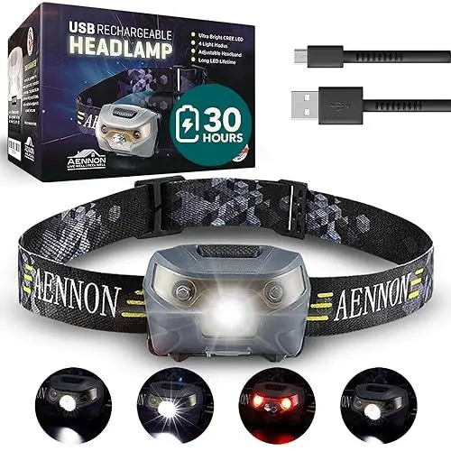 Produktbild: Aennon wiederaufladbares Kopflampe - 220 Lumen, 150m Sichtweite, 30 Stunden Batterielaufzeit - Wasserdichte LED-Kopflampe mit Batteriebetrieb - Am besten für Camping, Laufen, Wandern