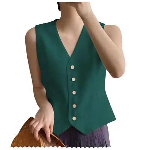Produktbild: AeoTeokey Damen Leinenweste Anzug Weste V-Ausschnitt Einreihig Elegant Weste Business Outfits Top (Türkisblau,M)
