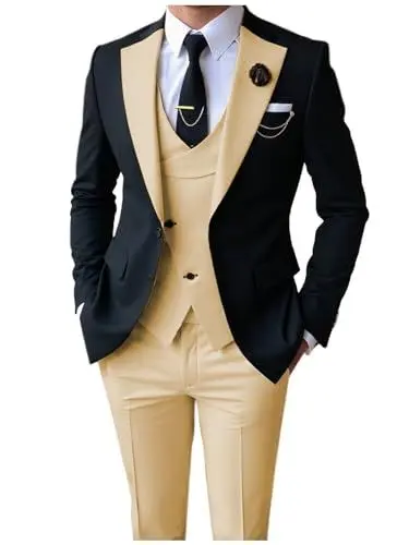 Produktbild: AeoTeokey Herren Anzüge Slim Fit 3 Stück Notch Lapel Formal Groomsmen Tuxedos für Hochzeit (Blazer+Weste+Hose)(Champagner,XL)