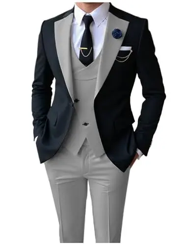 Produktbild: AeoTeokey Herren Anzüge Slim Fit 3 Stück Notch Lapel Formal Groomsmen Tuxedos für Hochzeit (Blazer+Weste+Hose)(Silber,XS)