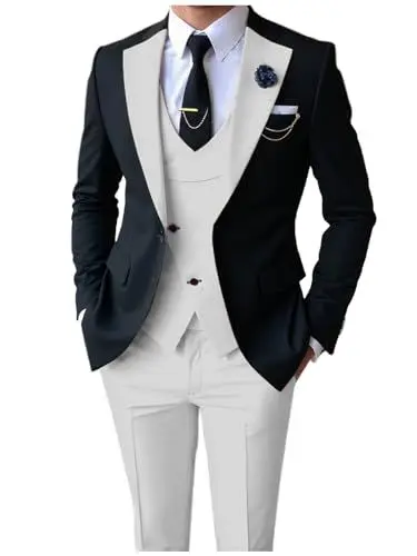 Produktbild: AeoTeokey Herren Anzüge Slim Fit 3 Stück Notch Lapel Formal Groomsmen Tuxedos für Hochzeit (Blazer+Weste+Hose)(Weiß,L)