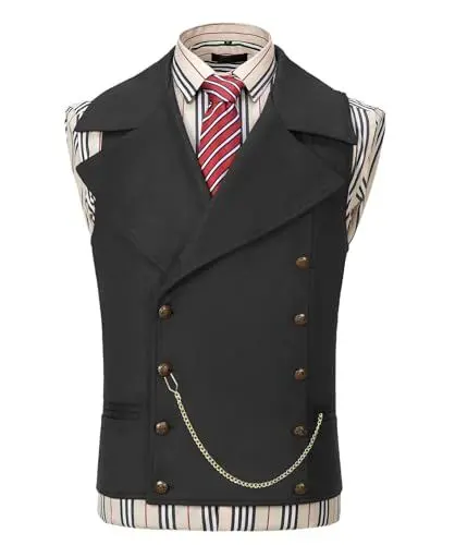 Produktbild: AeoTeokey Herren Anzug Wildleder Weste Zweireiher Klassische Cowboy Weste Kunstleder Großes Revers (Schwarz,XXL)