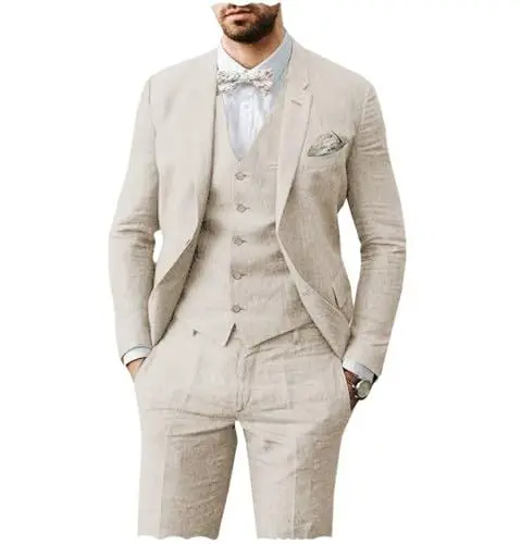 Produktbild: AeoTeokey Herren Leinen Anzug 3 Stück Sommer Strand Retro Hochzeit Prom Anzug Jacke Blazer Bräutigam Smokings(Beige,XL)