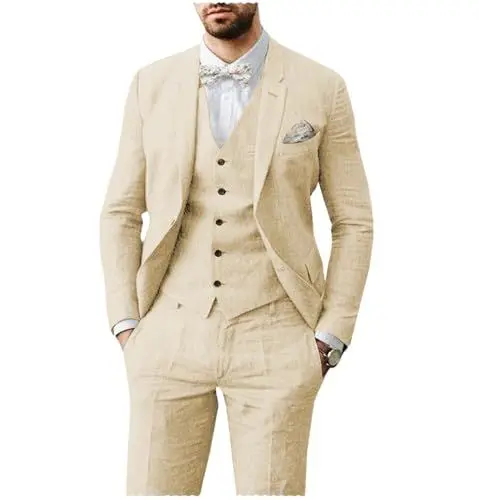 Produktbild: AeoTeokey Herren Leinen Anzug 3 Stück Sommer Strand Retro Hochzeit Prom Anzug Jacke Blazer Bräutigam Smokings(Champagner,XL)