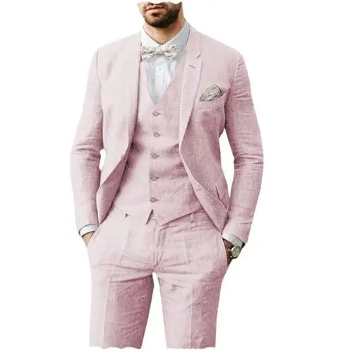 Produktbild: AeoTeokey Herren Leinen Anzug 3 Stück Sommer Strand Retro Hochzeit Prom Anzug Jacke Blazer Bräutigam Smokings(Rosa,M)