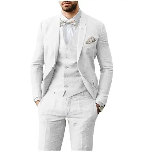Produktbild: AeoTeokey Herren Leinen Anzug 3 Stück Sommer Strand Retro Hochzeit Prom Anzug Jacke Blazer Bräutigam Smokings(Weiß,XXL)