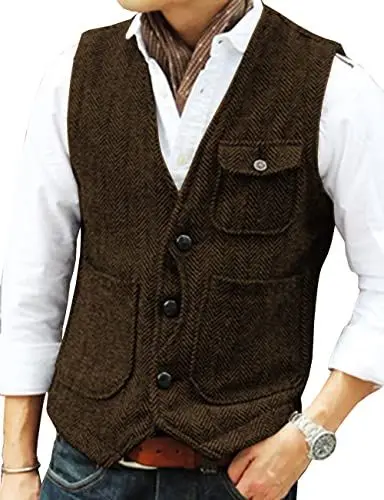 Produktbild: AeoTeokey Herren Retro Fischgrät Anzüge Wollwesten Tweed Westen Trauzeuge (Kaffee,M)
