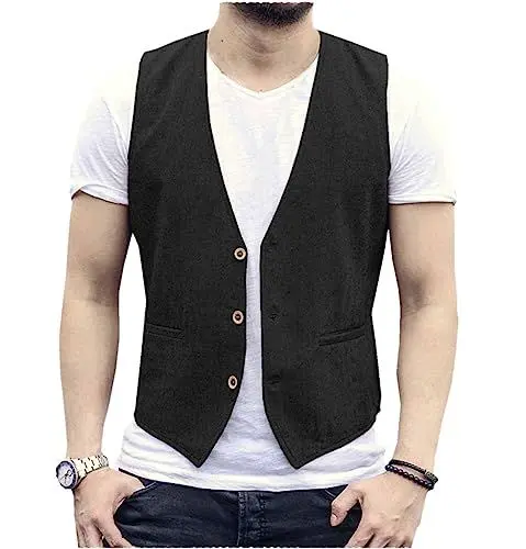 Produktbild: AeoTeokey Herren Sommer Leinenweste Anzug Weste Casual Weste Regular Fit(Schwarz,L)
