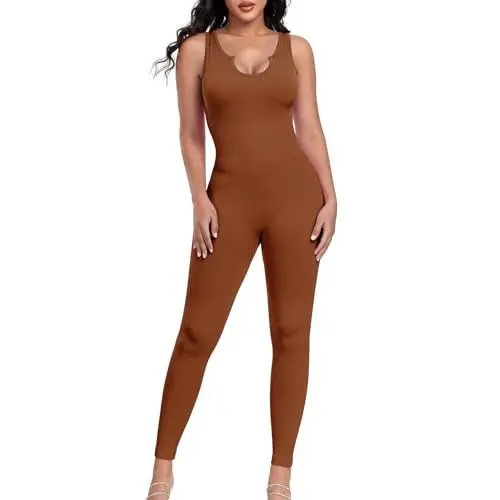 Produktbild: Aerides Jumpsuit Damen Gerippte Lang Ärmellos Yoga Bodysuit Einteiler Stretch Bodycon Playsuits Eng Overall Trainingsanzug Sexy Workout Sport Strampler(Coffee, S)