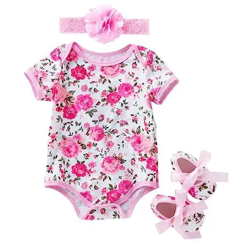 Produktbild: Ärmellose Bodys Neugeborenen Baby Mädchen Strampler Kurzarm Blumenmuster Strampler + Stirnband + Schuhe Außerhalb Body Strampler Overall Kleidung Babysachen Personalisiert (B, 0-3 Months)