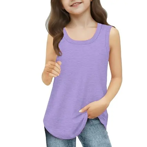 Produktbild: Ärmellose T-Shirts Kinder Sportshirt Tank Top Mädchen Coole Einreihig Oberteile Baumwoll Sport T Shirt Leicht Kinderkleidun Rundhals Lässiges Atmungsaktiv Kleidung (Purple, 9-10 Years)