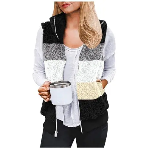 Produktbild: Ärmellose Weste Damen Herbstjacke Damen Lang Fleece Mantel Damen Mantel Plüschjacke Weste Beige Damen Mantel Damen Herbst Elegant Westen Damen Herbst Lang SteppWesten Damen Herbst Lang Schwarz M