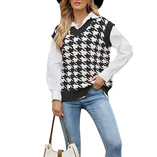 Produktbild: Ärmelloser Damen-Strickpullover, Lebendiger, Leicht zu Kombinierender, Waschbarer, Klassischer Karierter V-Ausschnitt-Westenpullover für den und den Frühling (M)