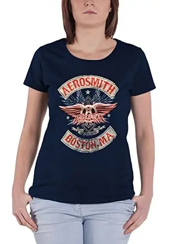 Produktbild: Aerosmith T Shirt Boston Pride Band Logo offiziell Damen Skinny Fit Navy Blau