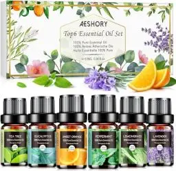 Produktbild: AESHORY Ätherische Öle Set für Diffuser 6 x 10ML, 100% Naturrein Aromatherapie Duftöl, Aroma Öl Geschenkset für Seife, Kerzen, Luftbefeuchter, SPA - Lavendel, Minze, Teebaum, Süßorange, Eukalyptus